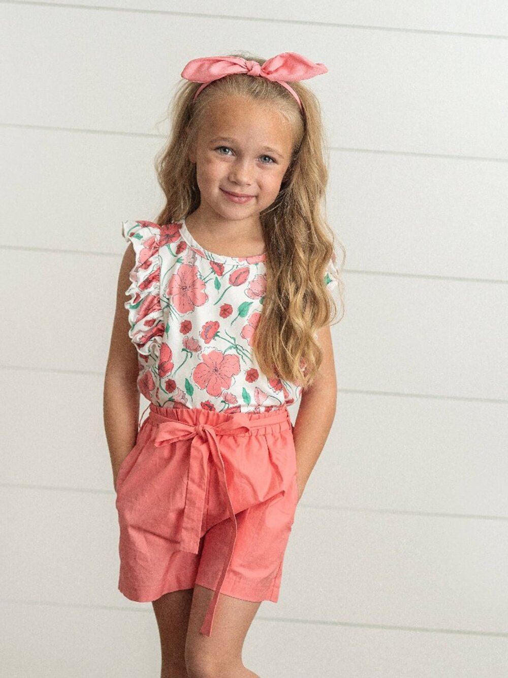 Coral Pink Floral Ruffle Summer Pocket Short Set